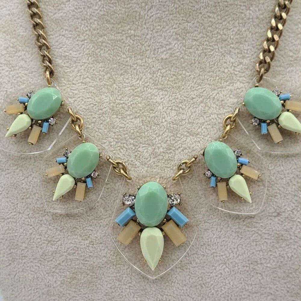 J Crew Clear Lucite with Multi Colored Stones Blue Tan White